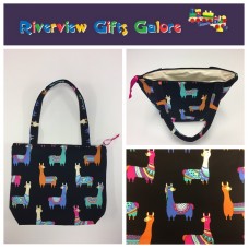 Medium Tote Bag with Zip- Llamas Black